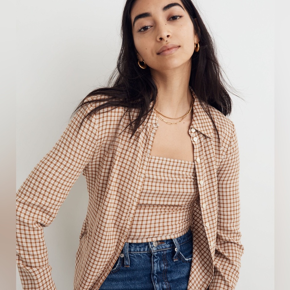 Madewell Crinkle Slim Button-Up Shirt in Brown Plaid